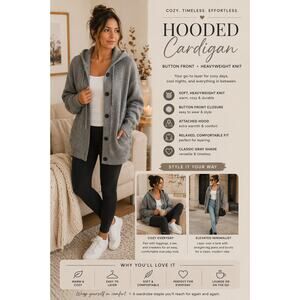 Womens Grey Hooded Cardigan Button Front Heavyweight Cozy Knit